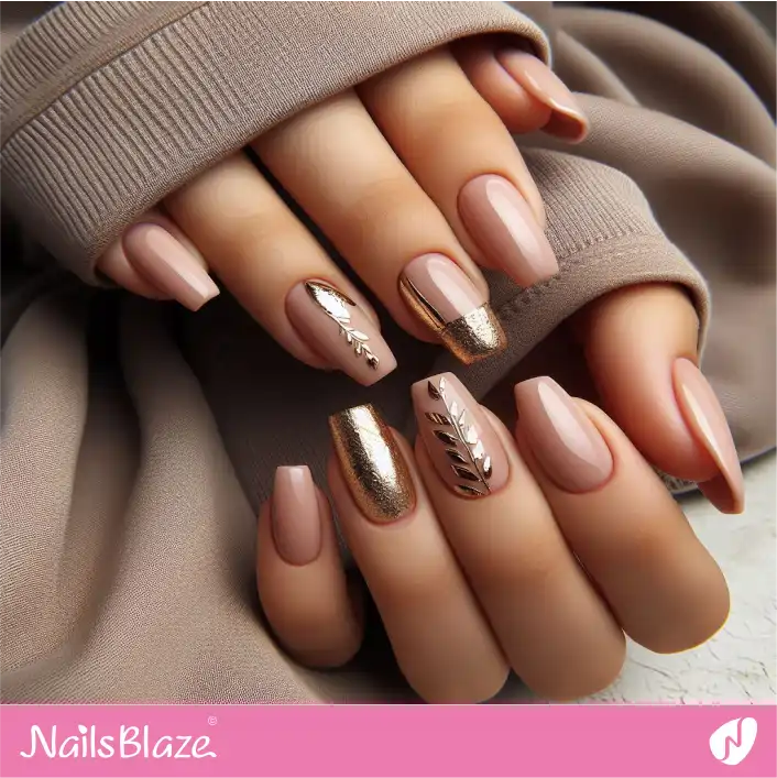 Nude Nails with Golden Leaves | Foil Nails - NB4107
